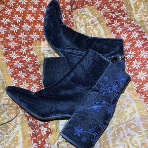 Kenneth Cole Navy Velvet Ankle Boots with Blue Embroidery